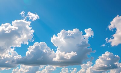 Wall Mural - Vast blue sky canvas dotted with fluffy white clouds, bathed in bright sunlight, outdoor, above