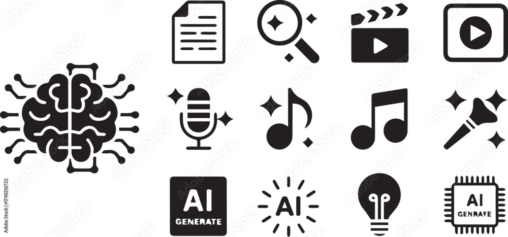 neural network technology and ai media icon pack vector ai generate ...