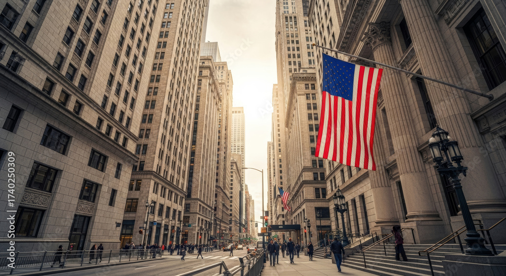 Street view of tall buildings with american flags and people walking in ...