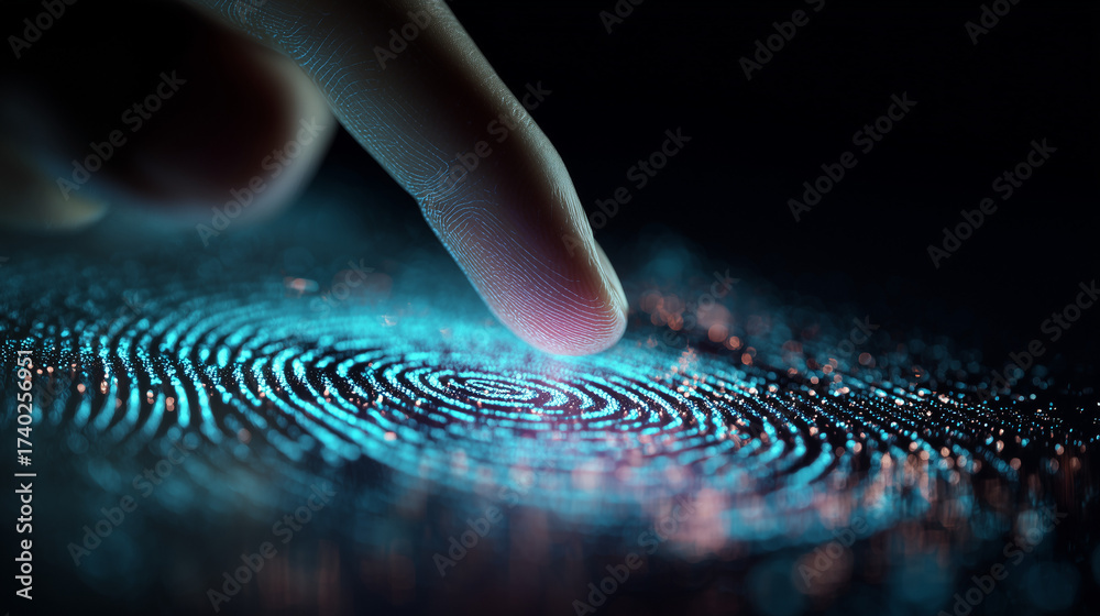 Hand touching a glowing holographic fingerprint scanner projected in ...