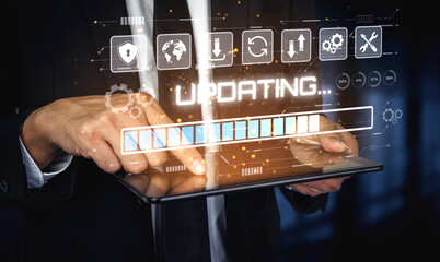 Wall Mural - Knowledge upgrade and software updates support digital skills growth, competitiveness, and continuous learning to stay current with new tech trends. Vouch