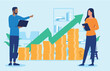 © Yeasin - Financial successful couple - Two people making money standing in front of rising chart and graph with green arrow pointing up towards success and growth. Flat design vector illustration