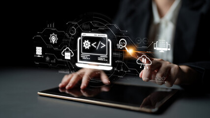Modern web development concept featuring coding symbols, web development process, web development interface, and web development tools with futuristic design. Spline