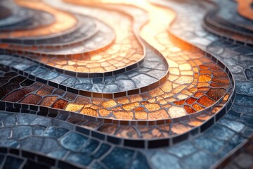 Wall Mural - Abstract mosaic art with glowing golden-orange wavy paths contrasted by cool blue and grey irregular tiles, showcasing dynamic light and texture.