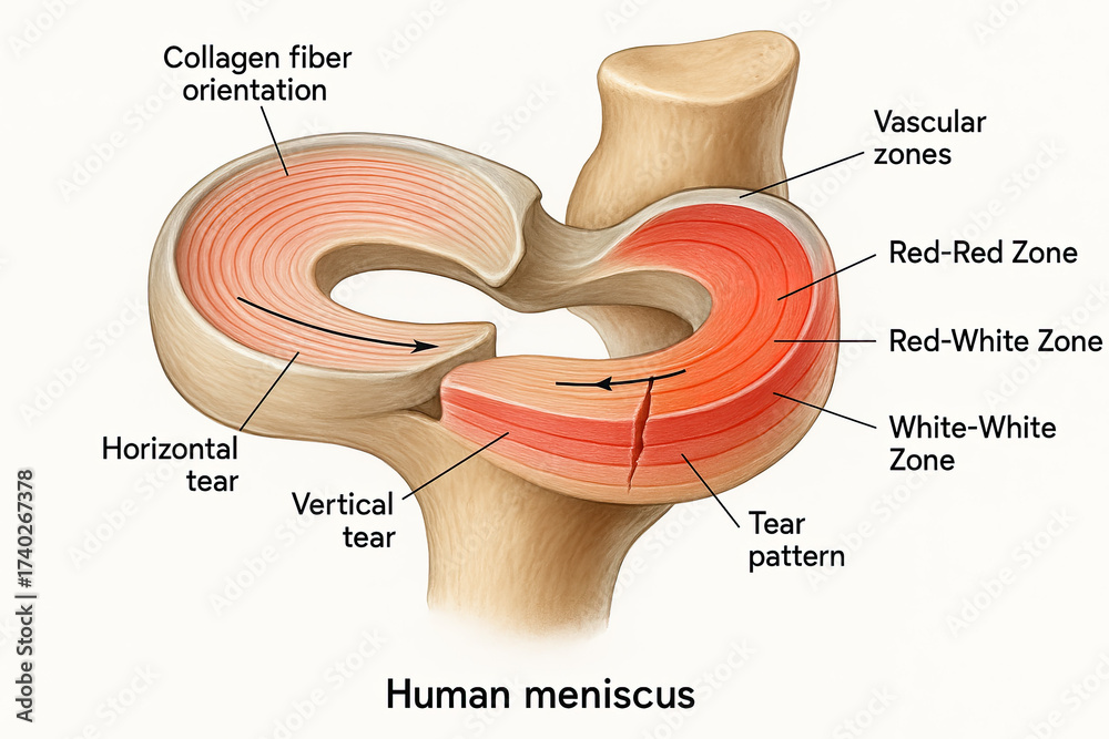 Menicus Compression Patterns Anatomical illustration of a human meniscus showing collagen fiber ...