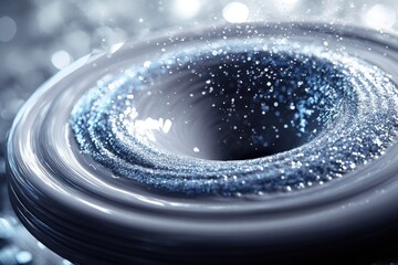 Wall Mural - A shimmering vortex of silvery-blue glitter and sparkling particles, resembling a swirling liquid, with a soft, bokeh background. Dynamic and ethereal.