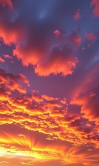 Wall Mural - Vibrant sunset sky with fiery orange, pink, and purple hues, clouds at golden hour. Dramatic, colorful, breathtaking natural scene, purple, texture, light