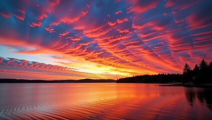 Wall Mural - Vibrant sunset paints the calm waters of Torch Lake, casting fiery hues across the northern Michigan landscape, photography, vacation, tranquil