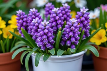 Wall Mural - A cluster of vibrant purple grape hyacinths blooms in a simple white pot, showcasing delicate bell-shaped flowers and lush green foliage, spring flowers, still life