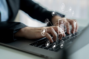 Wall Mural - Omni-channel marketing and online shopping strategies, cross-platform customer experience, brand unification, and integrated marketing communication across digital channels. Spline