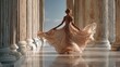 © rahit - Elegant woman in flowing gown twirls gracefully amidst grand classical columns bathed in golden light