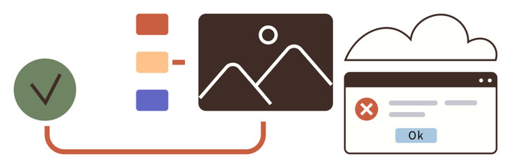 Tick mark with connected process flow, task components, photo icon, error dialog box, and cloud. Ideal for productivity, management, task organization, cloud storage user interface digital tools
