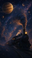 Wall Mural - Surreal video concept of a vintage train traveling through a starry night sky, viewed from a low angle, blending fantasy and reality. Live mobile wallpaper.