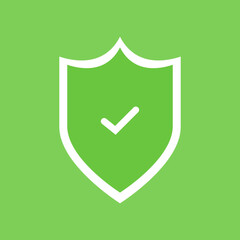 Green shield icon with white check mark symbol in the center. Flat protection and security confirmation sign representing safety, success, or verified status. Vector design element for app, interface
