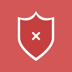 Red shield icon with white cross symbol in the center. Flat warning and error alert sign representing danger, security issue, or access denied concept. Vector design element for app and interface