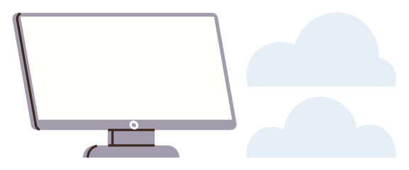 Desktop computer monitor next to two clouds, conceptually illustrating cloud computing, data storage, technology, and digital trends. Ideal for IT, business, education, remote work data access
