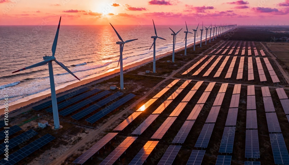 Wind turbines and solar panels farm in a field. Renewable green energy ...