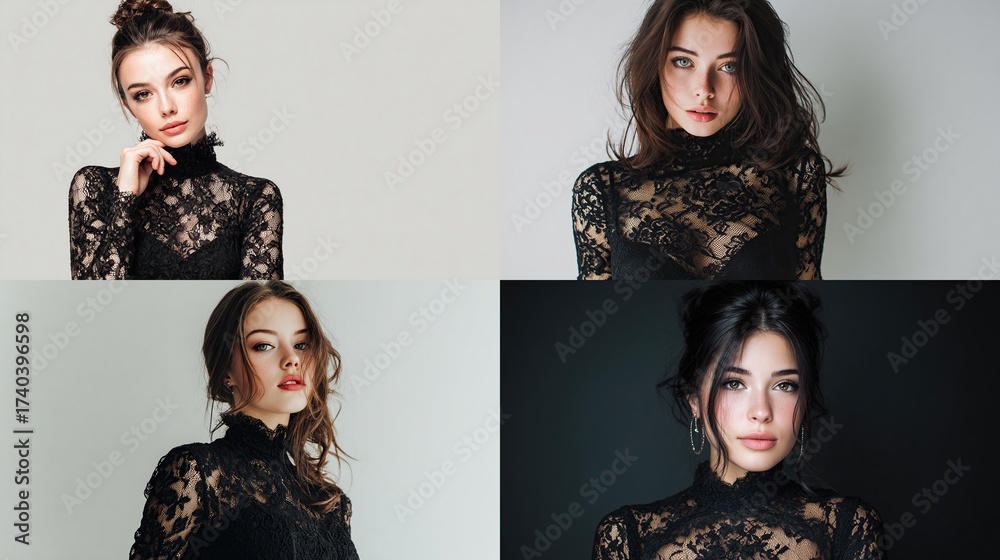 Composite of 4 portraits; young women with varying hairstyles and ...