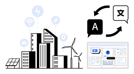 Modern cityscape with solar panels, wind turbines, connectivity icons, language translation symbols, and interface elements. Ideal for sustainability, technology, communication, innovation urban