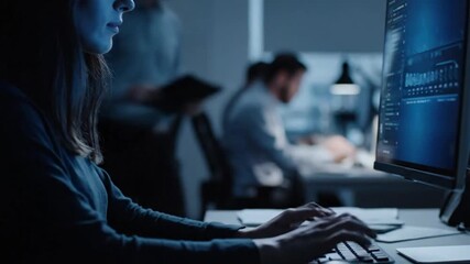 Tech Team: In a dimly lit, cutting-edge office, a dedicated professional, head focused on screen, immersed in coding, crafting the future.
