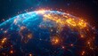 © Samran - 3D abstract render of glowing global network, wireframe earth with neon lines, futuristic business connection, blue and gold gradient background