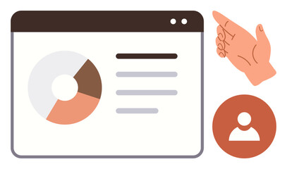 Pie chart inside a browser window, profile icon, and gesturing hand represent data analysis, teamwork, decision-making, planning, business strategy, learning and communication. A simple flat
