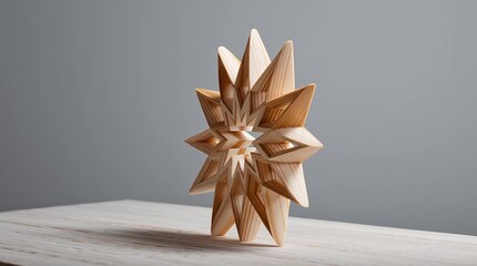 A golden star decoration with intricate geometric patterns stands on a white surface against gray backdrop