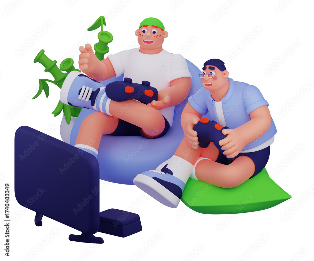 Two Young Men Playing Video Games On Couch With Controllers And Tv ...