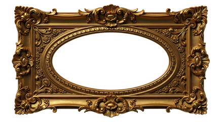 Ornate vintage gold picture frame with an oval opening, isolated on transparent background