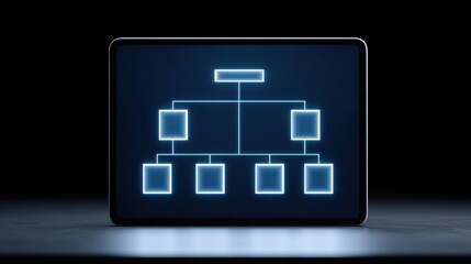 Digital flowchart displayed on a tablet with a dark background highlighting organizational structure.