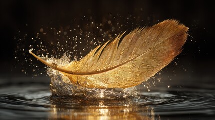 Canvas Print - Golden Feather Splashing in Water with Dazzling Water Droplets