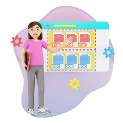 Web Design Data 3D Character Illustration of Woman Presenting Document Layouts on Screen Against a Gradient Purple Background