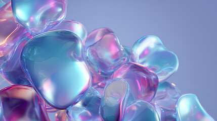 Wall Mural - Abstract holographic 3d rendering shapes with soft pastel color gradient of blue purple. Liquid metal organic object set Stock Illustration