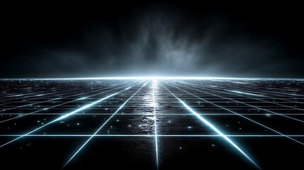 Glowing blue grid on dark gradient futuristic background representing digital network and data connection concept, top empty space ideal for technology design or corporate layout.