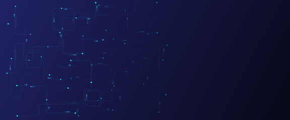 Wall Mural - Motherboard technology circuit board texture design. Glowing light blue neon AI chip with thin circuit contact lines. Technology lines circuit and dots on blue background, circuit board network connec