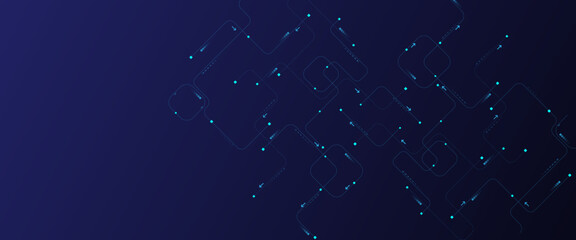 Motherboard technology circuit board texture design. Glowing light blue neon AI chip with thin circuit contact lines. Technology lines circuit and dots on blue background, circuit board network connec