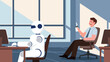 © HONGWEI - A relaxed human worker enjoying a coffee break while a robot diligently works at a computer beside him. Working with AI helps speed up work and save time, collaborative and efficient future.