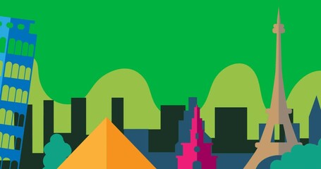 Wall Mural - Digital animation of multiple monuments icons with copy space on transparent background
