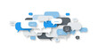 © Kolepfg - An abstract illustration of overlapping speech bubbles in various shades of blue, gray, and white, some containing text indicators and emoticons.