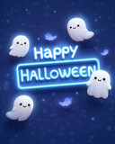 Digital Cartoon Illustration of Glowing White and Blue "Happy Halloween" Neon Sign with Cute Ghosts, Dark Navy Blue Background, Animated Movie Style with Magical Depth

