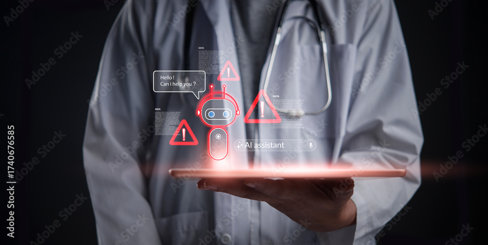 Doctor holds tablet AI assistant chatbot showing error. Medical ...