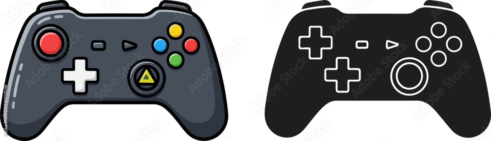 Two game controllers, one in color and one in black and white ...