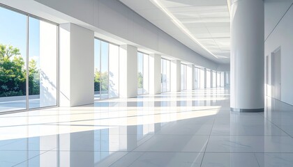 Modern architectural interior with clean white walls, tiled floor, glass facade