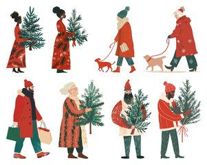 Wall Mural - PNG Festive people carrying Christmas trees, element set on transparent background