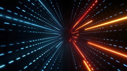 Wall Mural - Digital futuristic tunnel glowing with blue and orange light streaks converging in dark space, creating dynamic energy and vibrant visual effects in this abstract digital environment