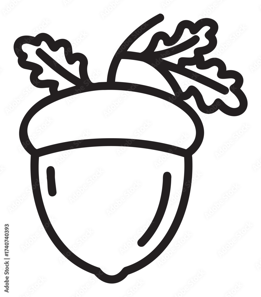 Black outline icon of an acorn with two detailed oak leaves attached at ...