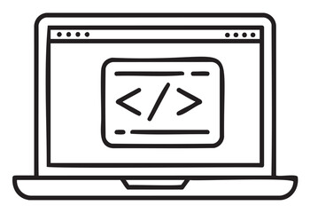 Black outline vector icon of a laptop displaying a code editor with html tags on the screen. minimal linear illustration for programming and web development concepts.