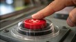 © Lastwizard Shop - ww3 illustration Close-up of a finger pressing a red nuclear warning button on a control panel.