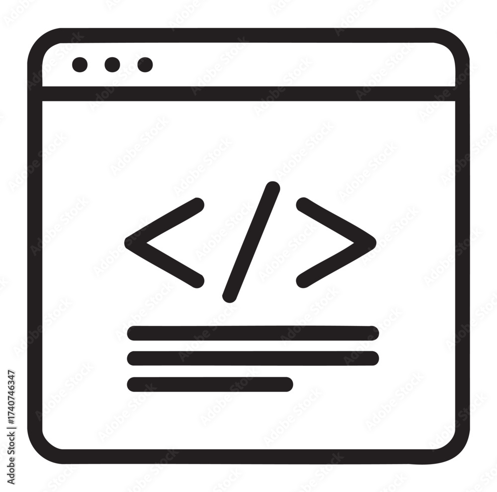Black outline icon of a web page with html code brackets and lines ...
