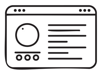 Black outline vector icon of a simple browser window with circular chart and horizontal lines. minimal linear design for web development and interface concepts.